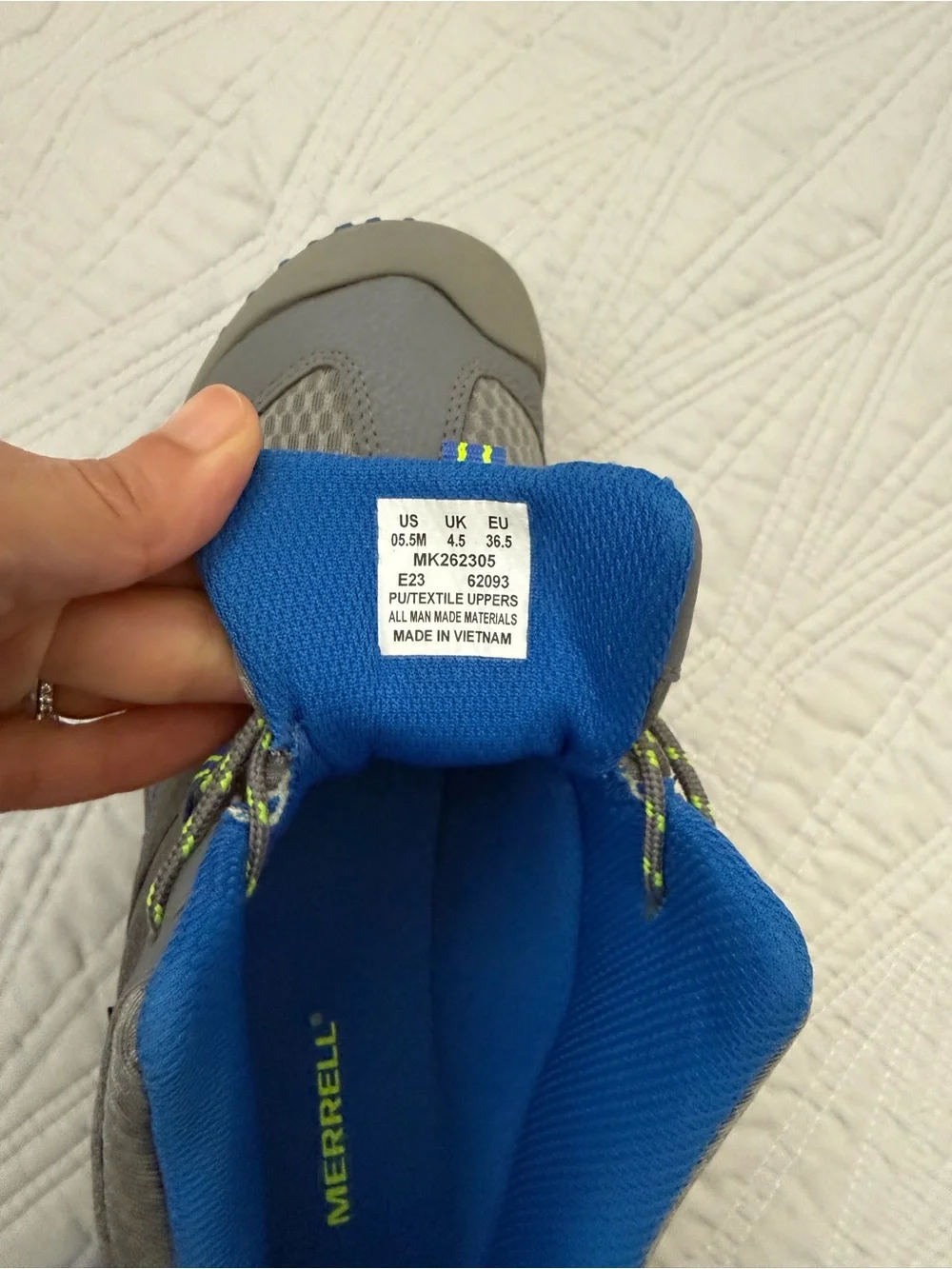 Merrell Gray and Blue Trail boots with Neon Green Accents